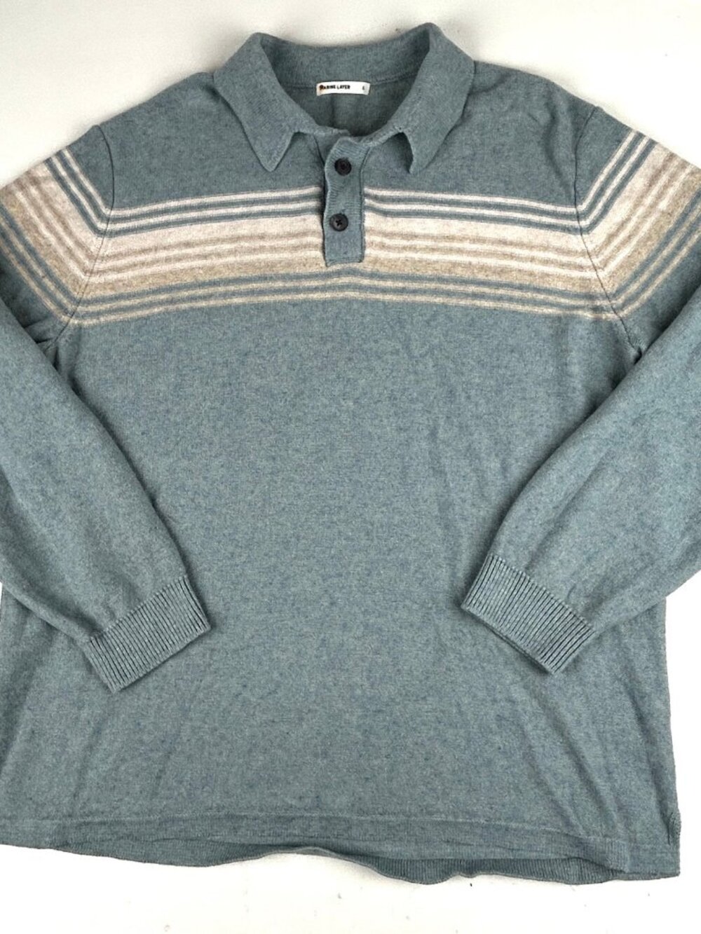 Marine Layer Sweater Mens Large Blue Stripe Knit Polo Cotton Merino Wool